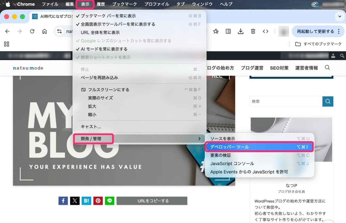 【EWWW IO】Chromeプラウザでwebp変換を確認する方法(表示→開発 / 管理→デベロッパーツール)