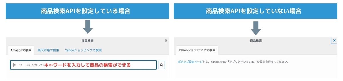 商品検索APIを設定した画面としていない画面の相違