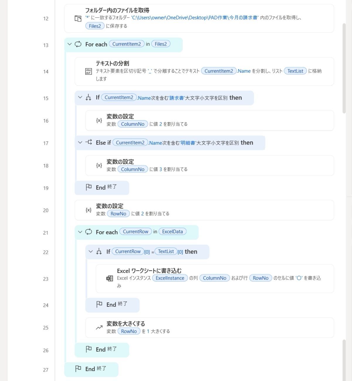 ファイルを判定→Excel管理表にチェックするフロー図